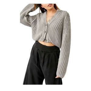 Free People Women's Gray Knit Cropped sweet nothing Cardigan Sweater Size M